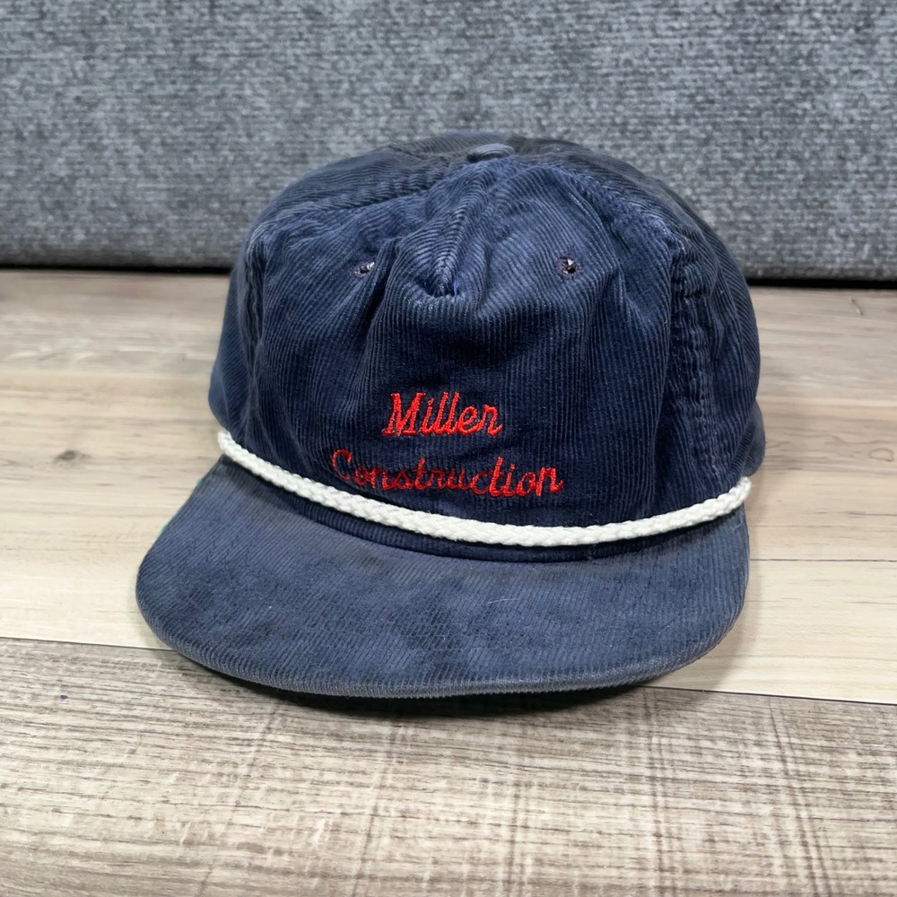 VTG Town Talk Miller Construction Snapback Hat Mens Corduroy Rope Navy USA Made